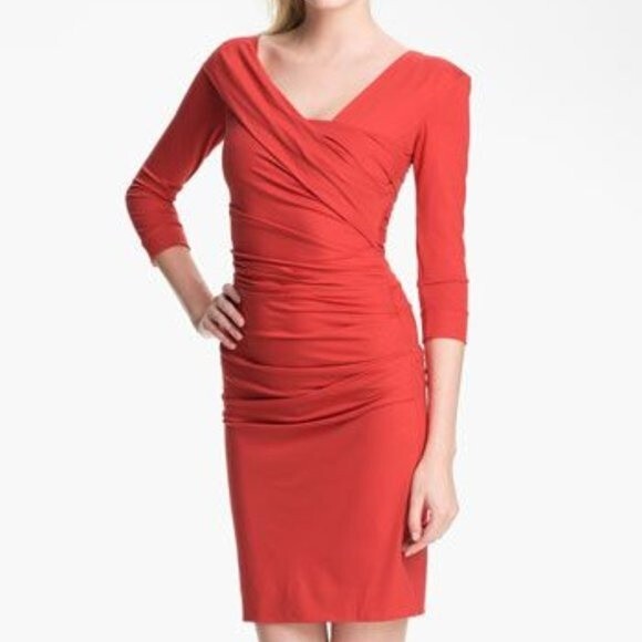 Diane von Furstenberg Bentley Three-Quarter-Sleeve Ruched Dress Blood Orange - S - Picture 9 of 10